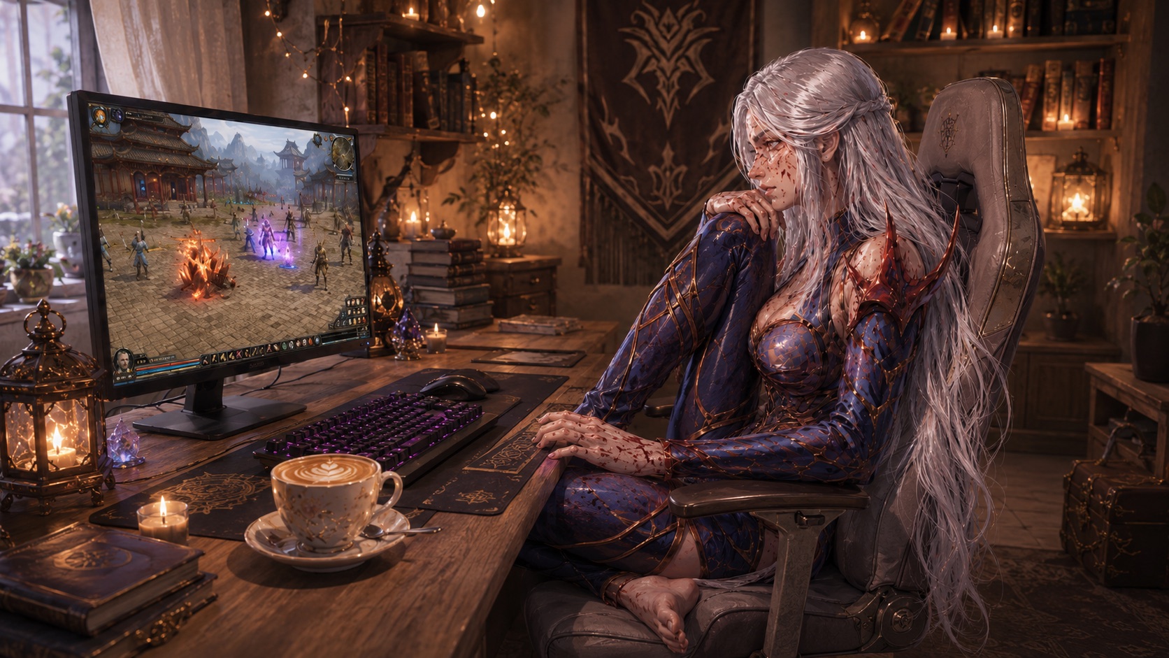 A battle-worn warrior at a candle-lit desk, watching her guild assemble on screen